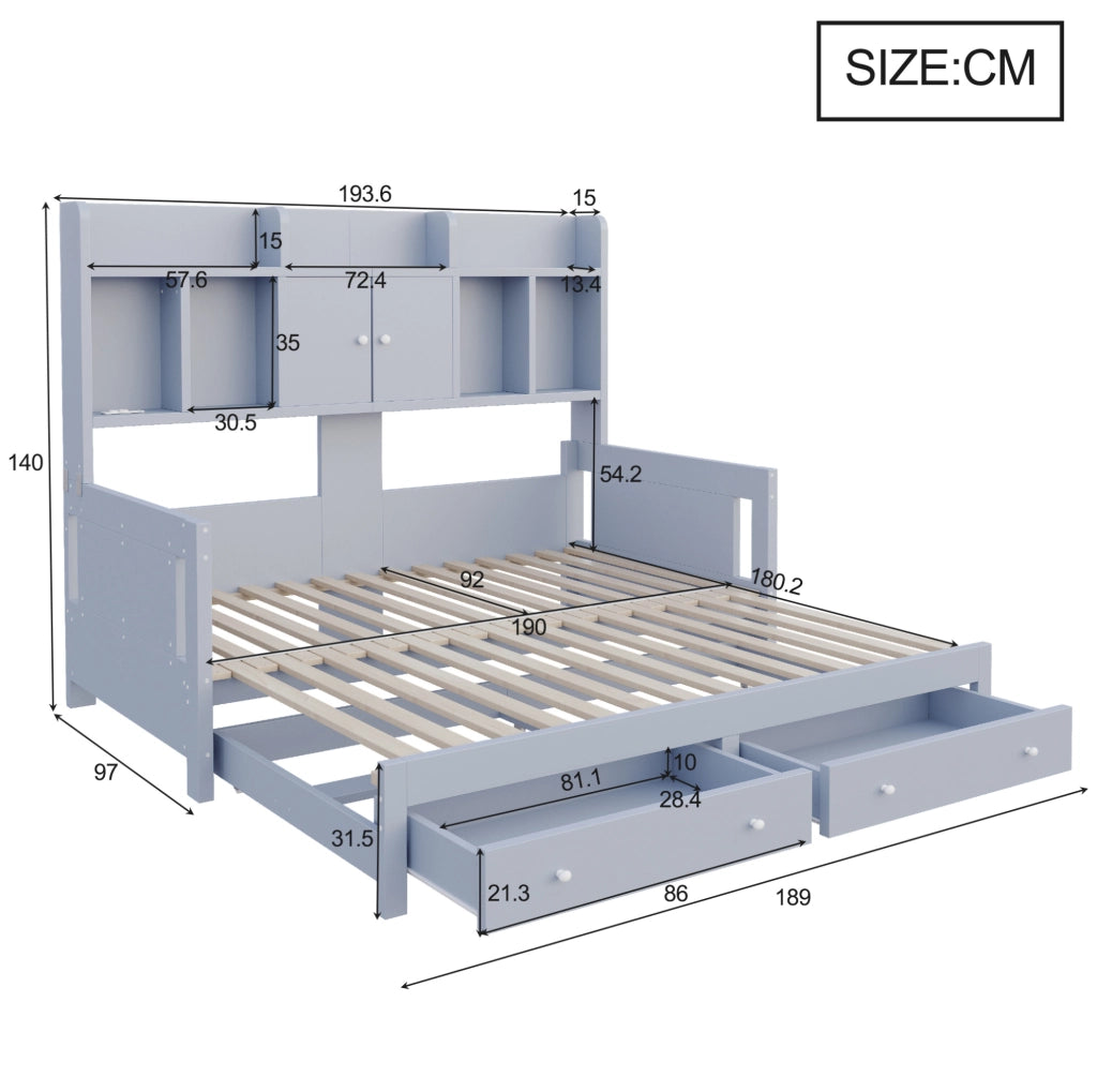 Divano letto estraibile in legno con cassetti; LED e presa; grigio; 90x190 cm