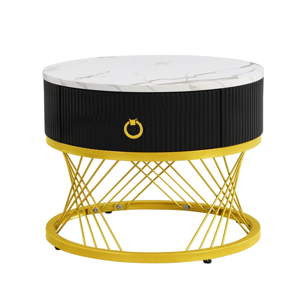 Tavolino da salotto 70x70x45+50x50x40 cm; set di 2 con cassetto; effetto marmo bianco e oro