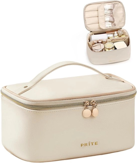 Tas di grande formato per donne – Borsa impermeabile per cosmetici e articoli da toeletta – Con maniglia e dividersi rimovibili – Beige