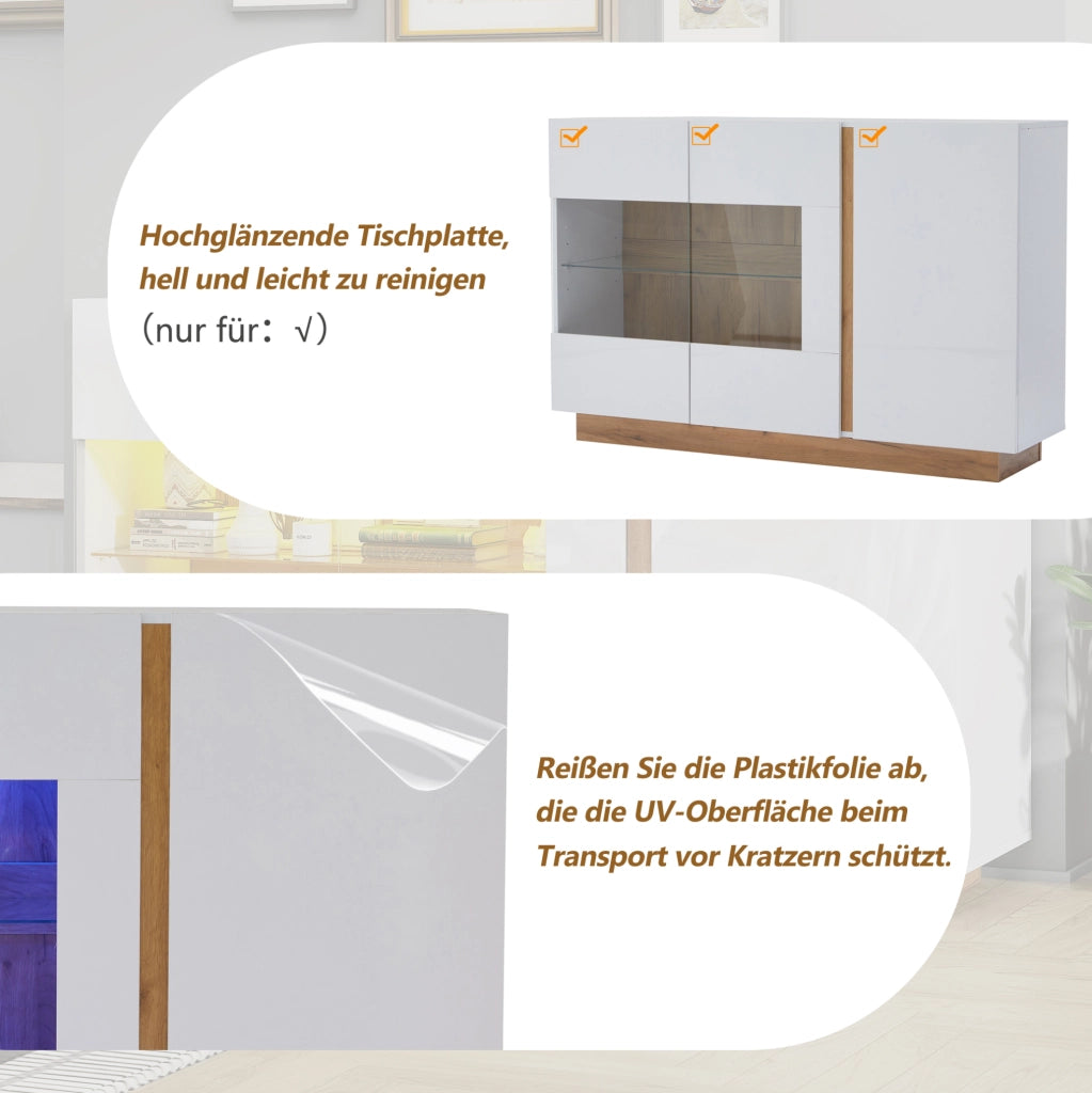 Credenza moderna lucida con LED RGB e ante in vetro