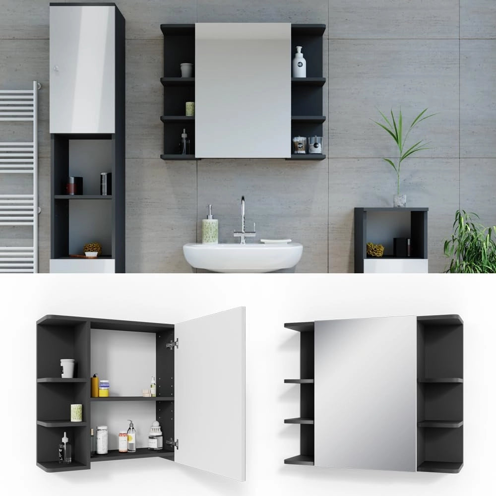 Specchio contenitore bagno Fynn, Antracite, 79.6 x 64 cm, con specchio e ripiani aperti per montaggio a parete