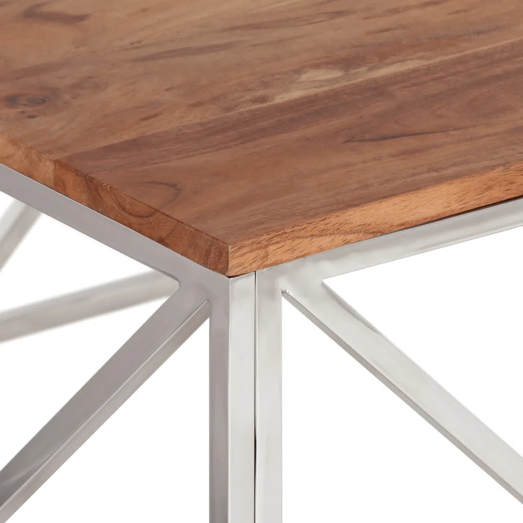 Tavolino salotto | Tavolino da caff¨¨ | Tavolino da Soggiorno Argento Acciaio Inox e Legno Massello Acacia