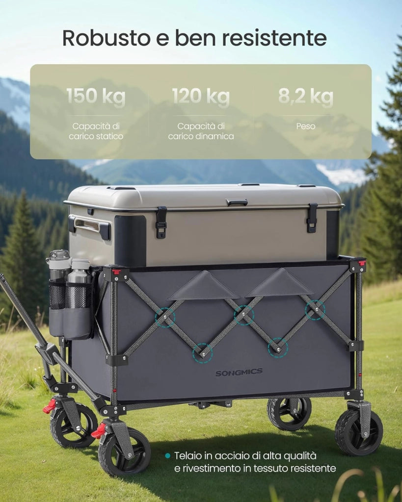 SONGMICS Carrello da Campeggio Pieghevole, Carretto, 150 L, Portante 150 kg, Carrello da Giardino, con Manico, 4 Ruote Rimovibili, Salvaspazio, per Esterni, Giardino, Grigio Ardesia GFW115G01