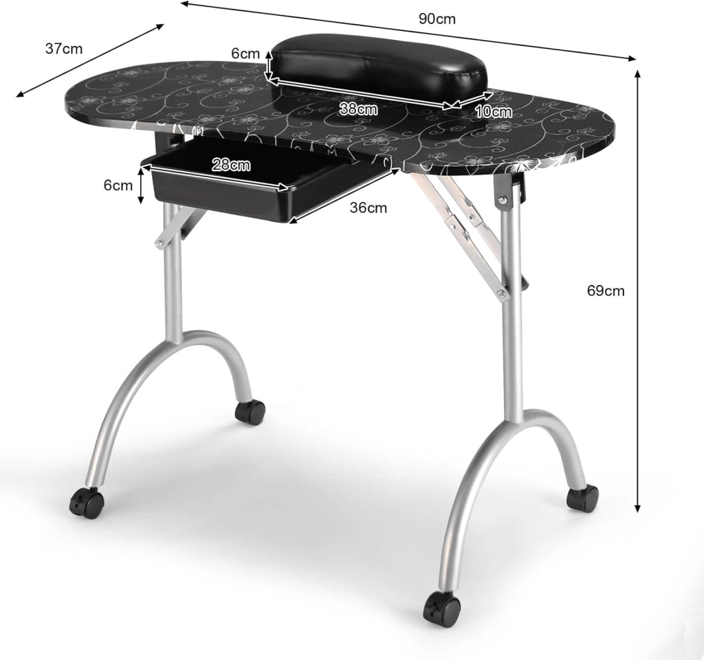 COSTWAY Tavolo per Manicure, Tavolo per Unghie Pieghevole per Estetista con Ruote, Cassetto e Cuscino Poggiapolsi (Nero)