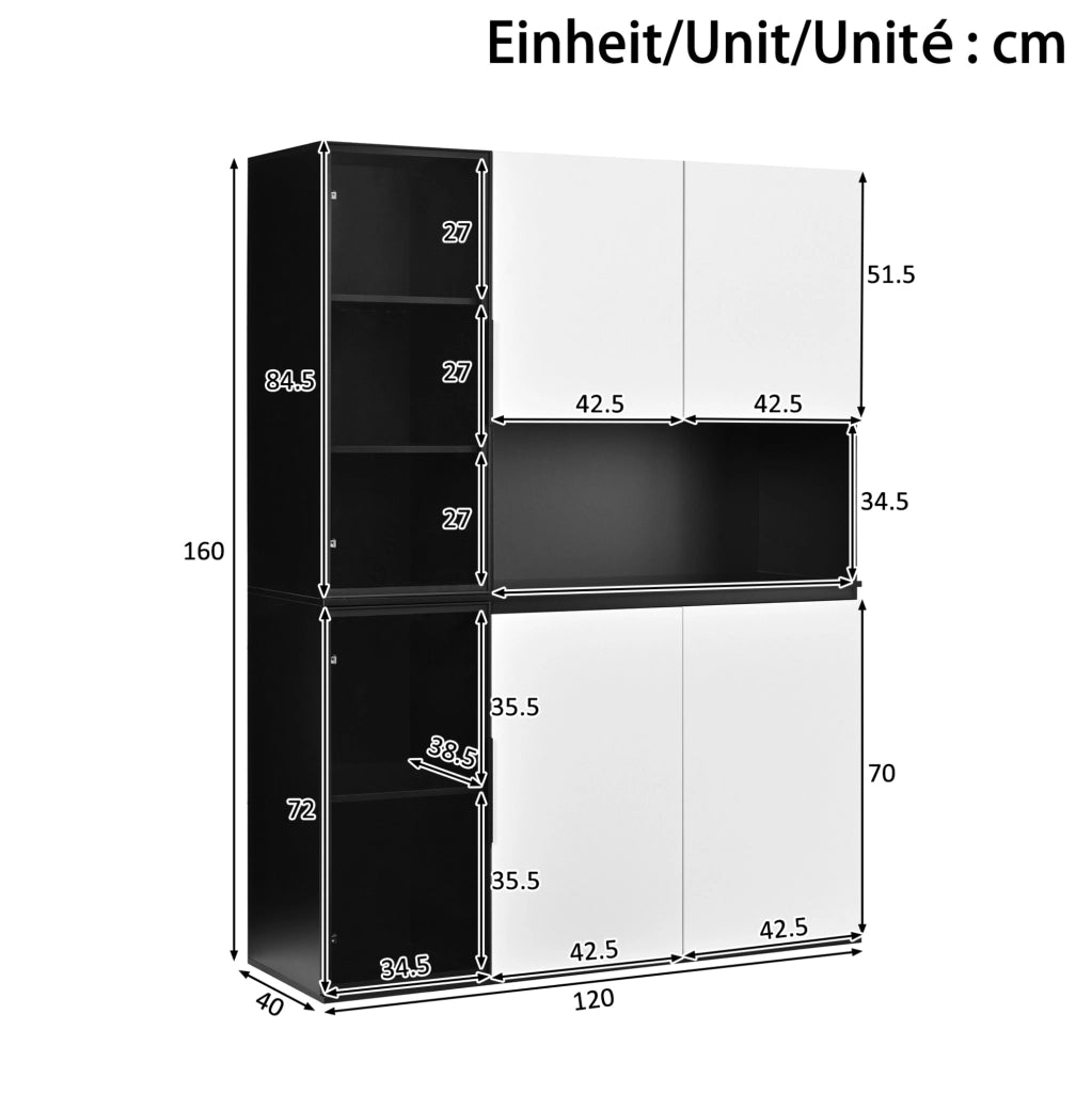 Armadio alto in MDF con LED; vetro e vani aperti 120x40x160 cm Bianco/Nero