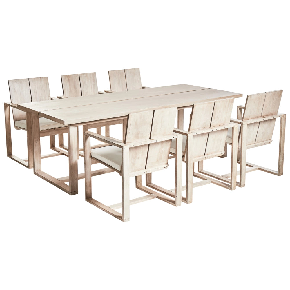 Set da pranzo da giardino rustico per 6 persone composto da tavolo sedie con braccioli e cuscini  bianco sporco stile rustico