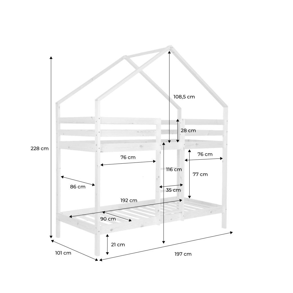 Letto a castello per bambini a forma di capanna 190cm in pino