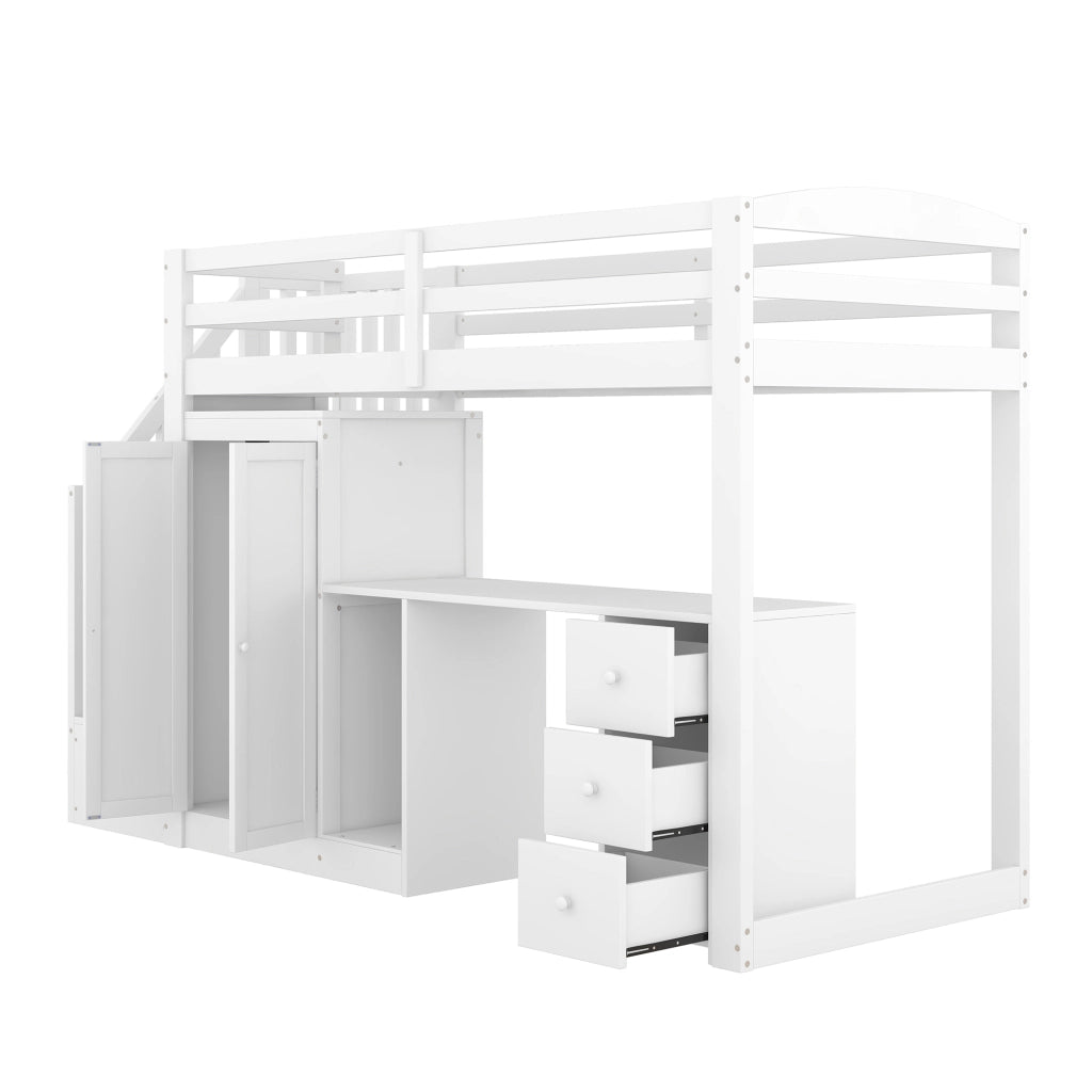 Letto a castello bianco con scrittoio armadio e scala in pino 90x200 cm