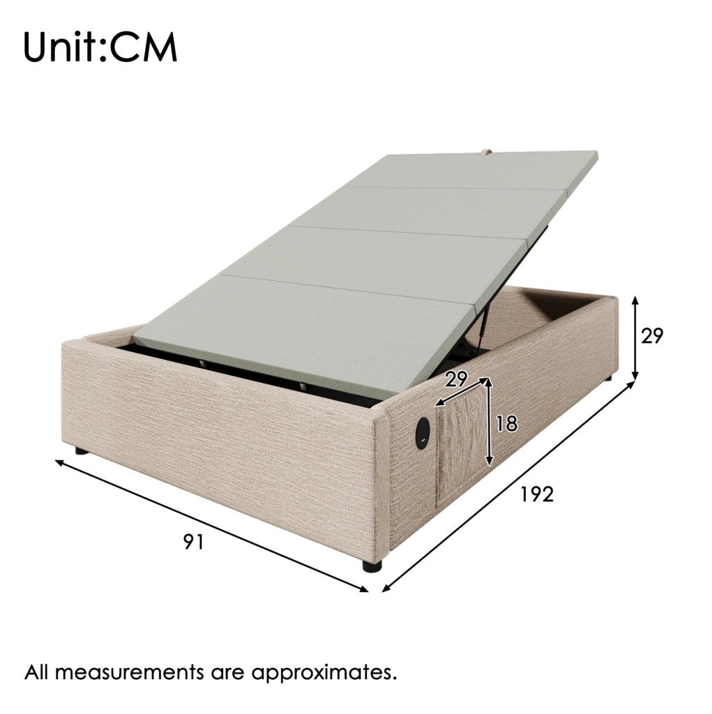 Letto contenitore singolo 90x190 cm con USB C; in lino beige