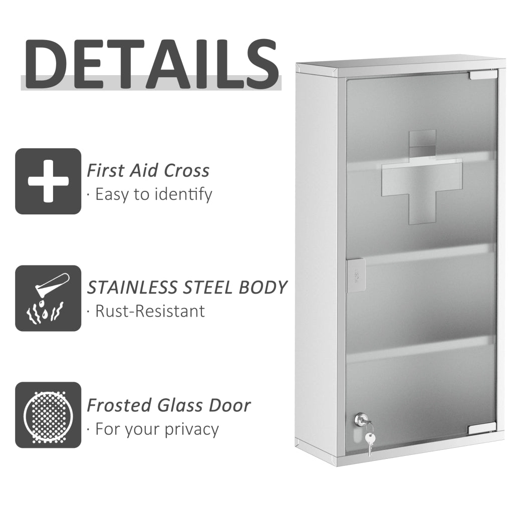 Armadietto da bagno con serratura in acciaio inox e vetro satinato per medicinali, per bagno, argento, 30 × 12 × 60 cm