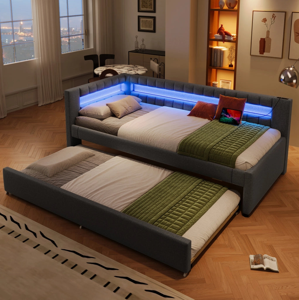 Daybett imbottito con letto estraibile, LED e doppia ricarica