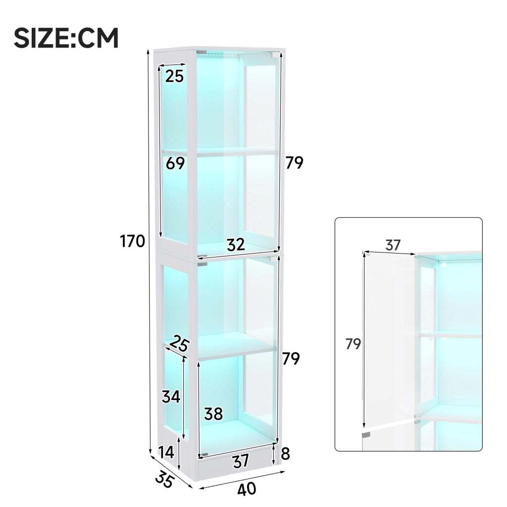 Vetrina Espositiva a LED con Vetro Temperato ¨C MINIMAL ¨C Bianco, 4 Ripiani, 40x35x170 cm