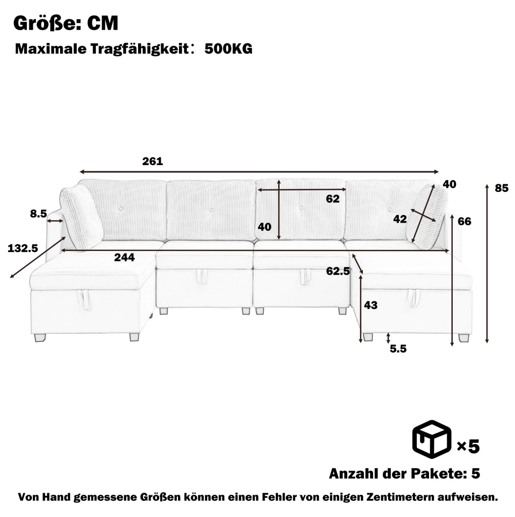 Divano modulare a U 6 posti con contenitore grigio antico