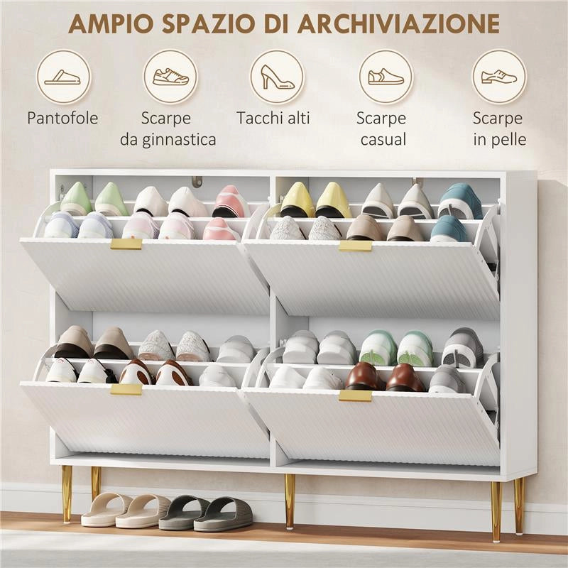 SCARPIERA SLIM PER 20 PAIA DI SCARPE CON 4 CASSETTI A RIBALTA E RIPIANI REGOLABILI, 105X24X91.5 CM, BIANCO