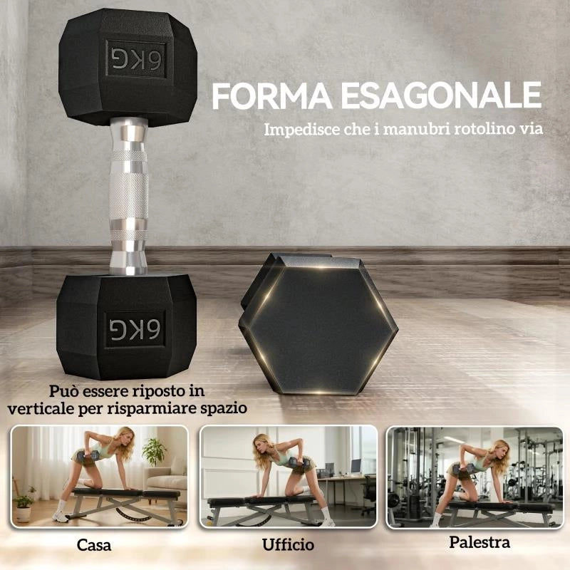 SET DI 2 MANUBRI DA 6 KG ESAGONALI CON PRESA ANTISCIVOLO E RIVESTIMENTO IN GOMMA, NERO