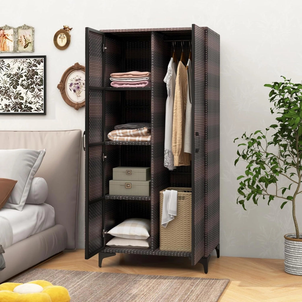Armadio da giardino in rattan, con 5 ripiani e mensola sospesa, armadio per attrezzi con doppie porte, 72 x 50 x 157 cm (marrone misto)