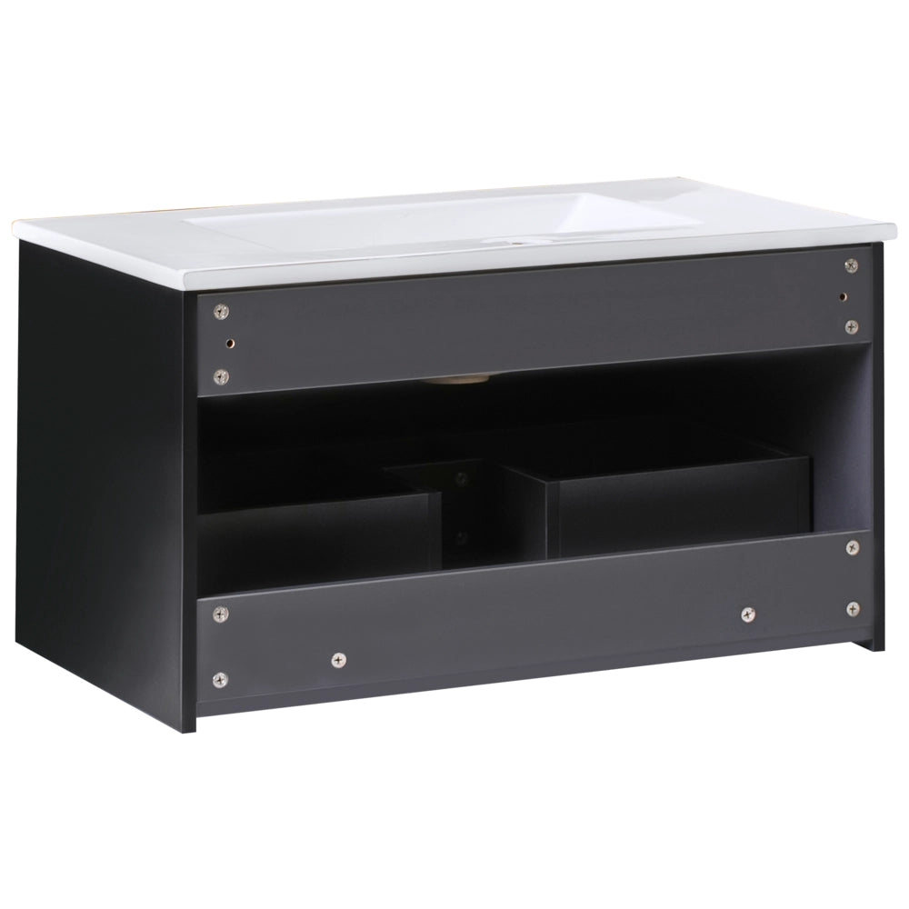 Mobiletto da parete con lavabo in legno massiccio per bagno 80 cm Nero stile moderno