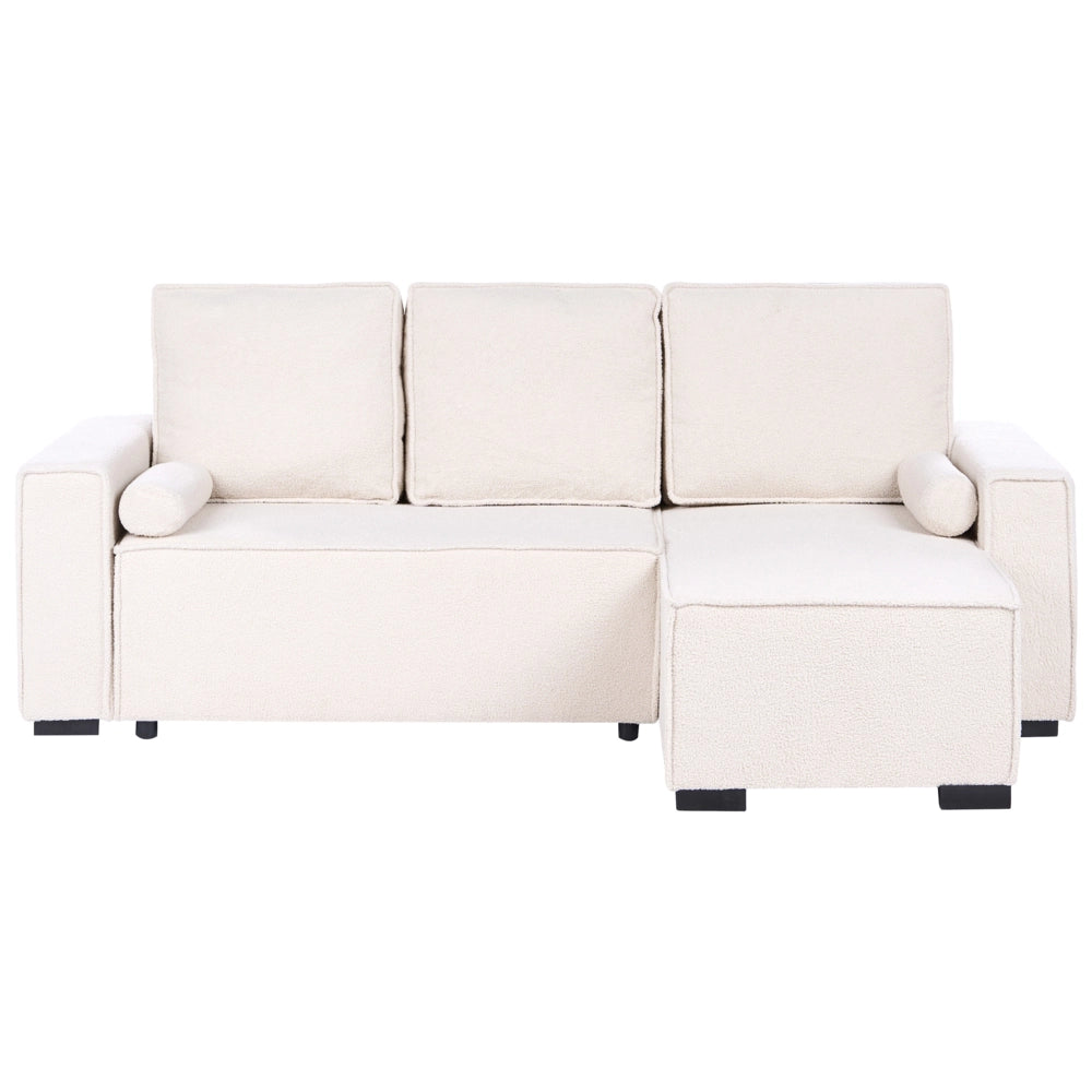 Divano letto angolare a 3 posti rivestimento in bouclé verde chiaro configurazione a sinistra con braccioli contenitori reversibile stile moderno per soggiorno