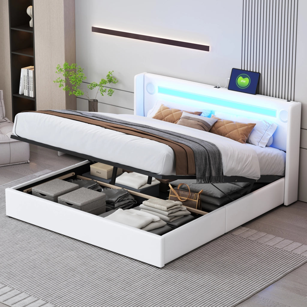 OKWISH Letto Contenitore 160×200 cm, Letto Matrimoniale con LED, Bluetooth, USB e Tipo C, senza Materasso, in Ecopelle, Bianco