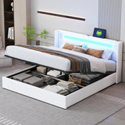 OKWISH Letto Contenitore 160×200 cm, Letto Matrimoniale con LED, Bluetooth, USB e Tipo C, senza Materasso, in Ecopelle, Bianco