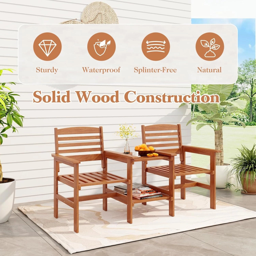 Set di salotto da giardino in un pezzo, in legno massello, 1 tavolo con foro per ombrelloni e 2 poltrone, mobili da esterno per cortile, patio, terrazza, carico 120 kg, naturale
