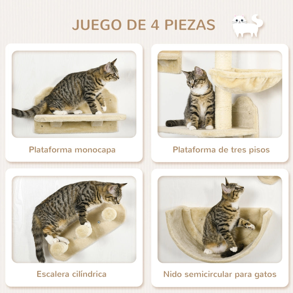 Set Arrampicata Parete per Gatti 4 Pezzi con Amaca Nido Piattaforme ¨C Xylo ¨C Beige