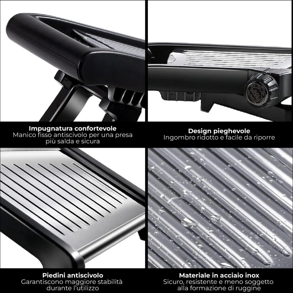 Mandolina Professionale in Acciaio Inox, Affettaverdure Regolabile da 1 a 9 mm con Taglio Julienne, Affettatrice Manuale Pieghevole con Salvamani e Piedini Antiscivolo