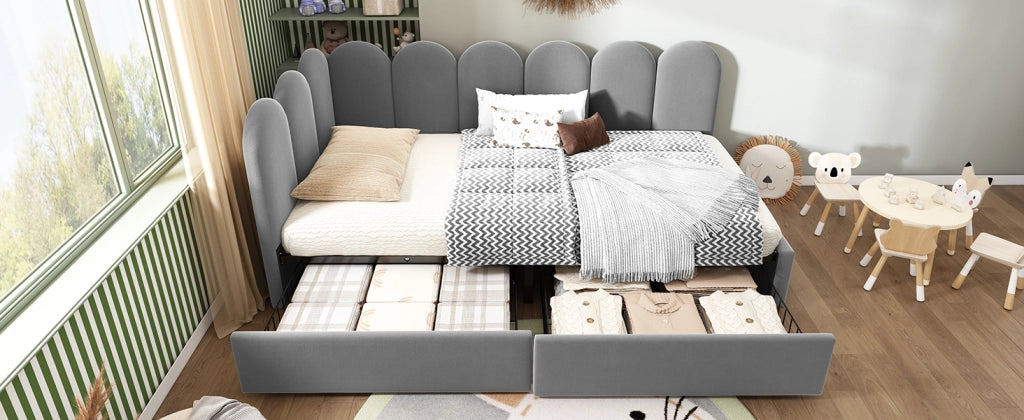 DESMIU Letto singolo 90 × 190 cm con 2 cassetti contenitore, senza materasso, in velluto, grigio