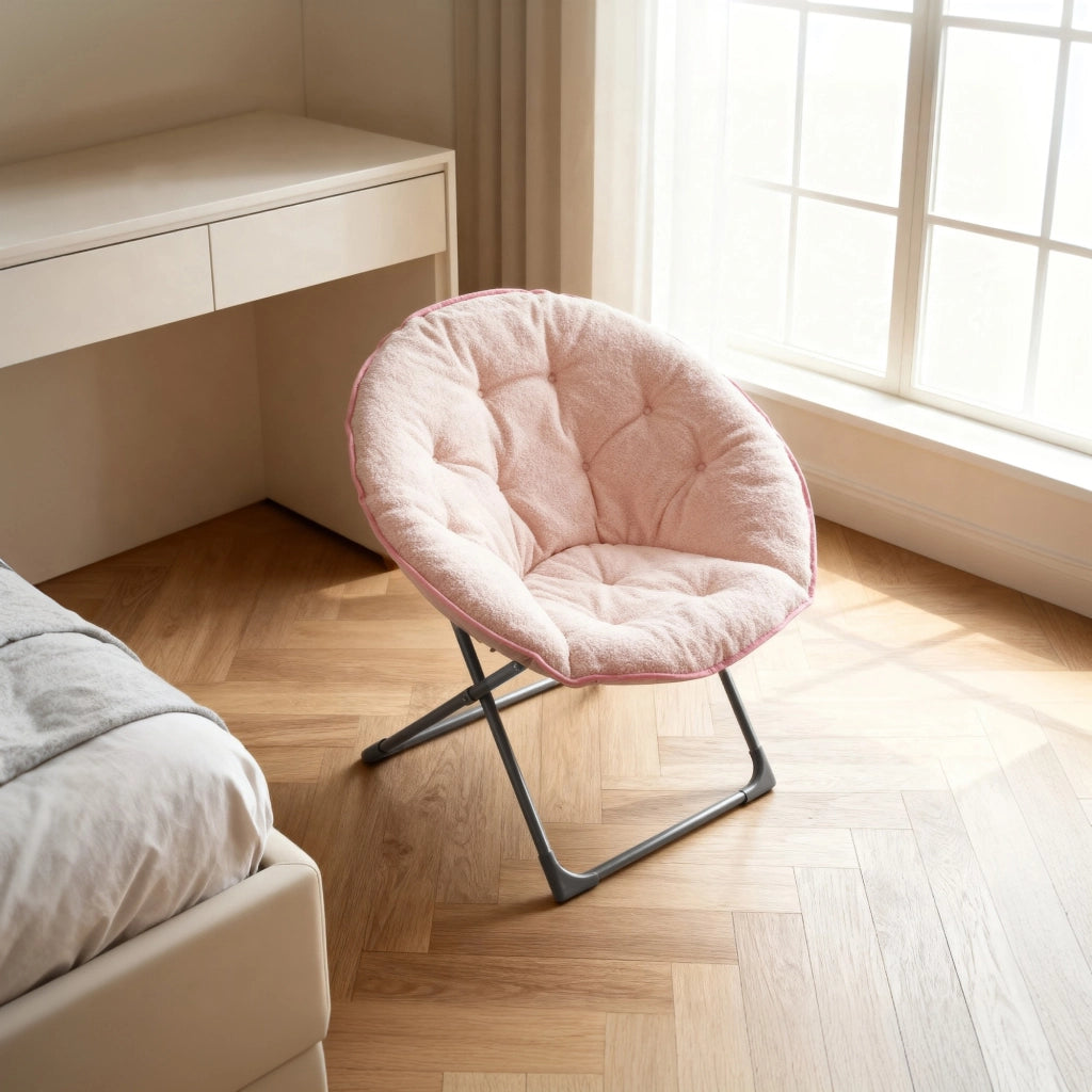 Fauteuil pieghevole a luna con schienale rotondo e imbottitura morbida in tessuto e metallo rosa per relax