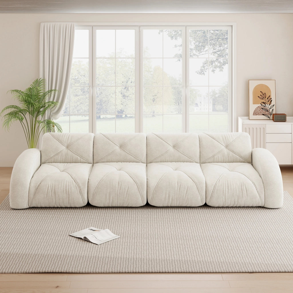 Divano modulare a quattro posti senza telaio con schiuma 32D e tessuto chenille beige chiaro 358 × 95 × 76 cm