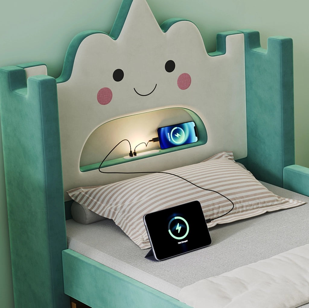 Letto singolo per bambini 90x200 cm imbottito con luce LED; USB e cassetto blu-verde HOMVRA