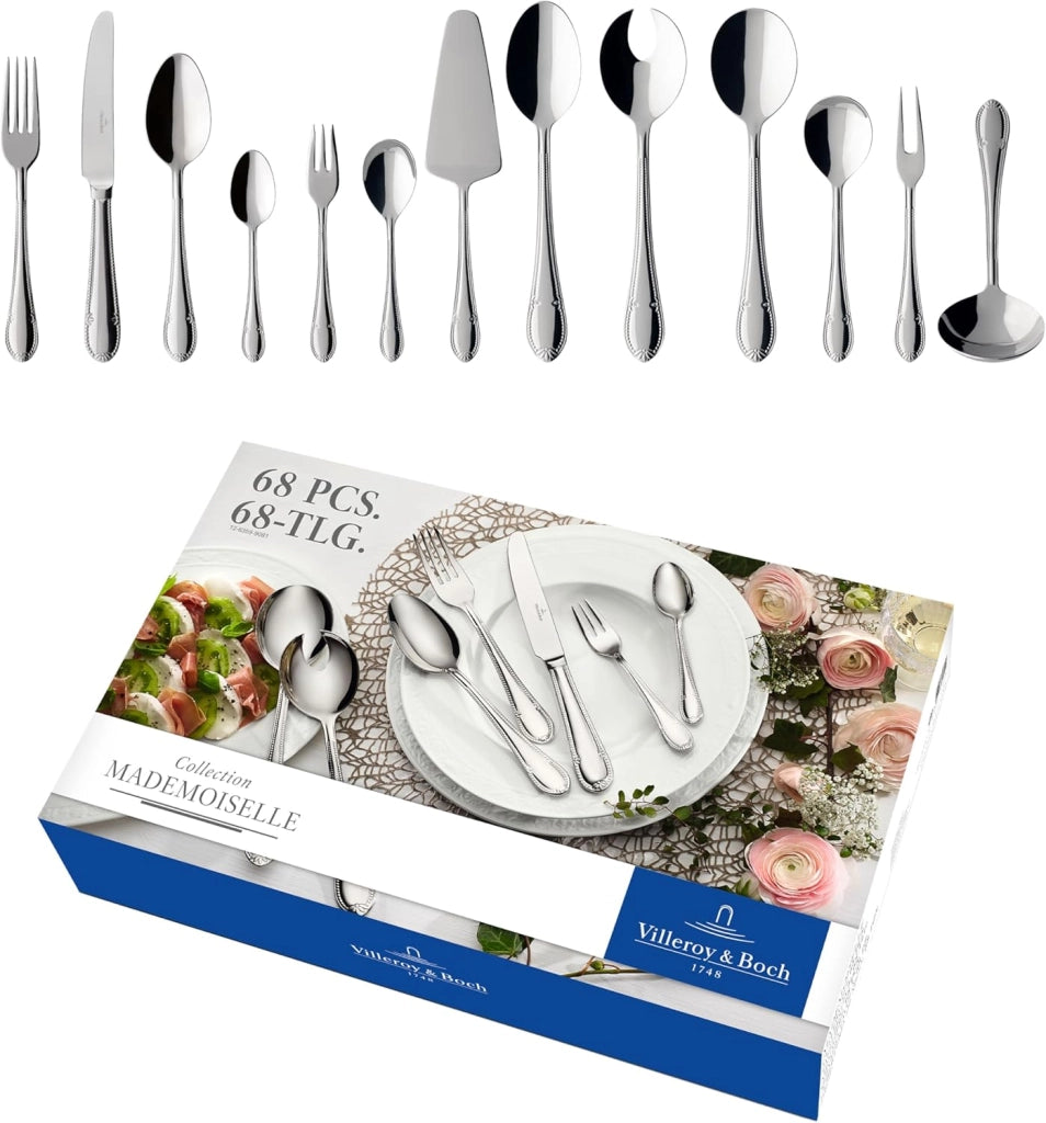 Villeroy & Boch - Mademoiselle Set di Posate 68 Pezzi Argento, Lavabile in Lavastoviglie, 12 Persone Platino, Forchette, Coltelli, Cucchiaio, Acciaio Inossidabile
