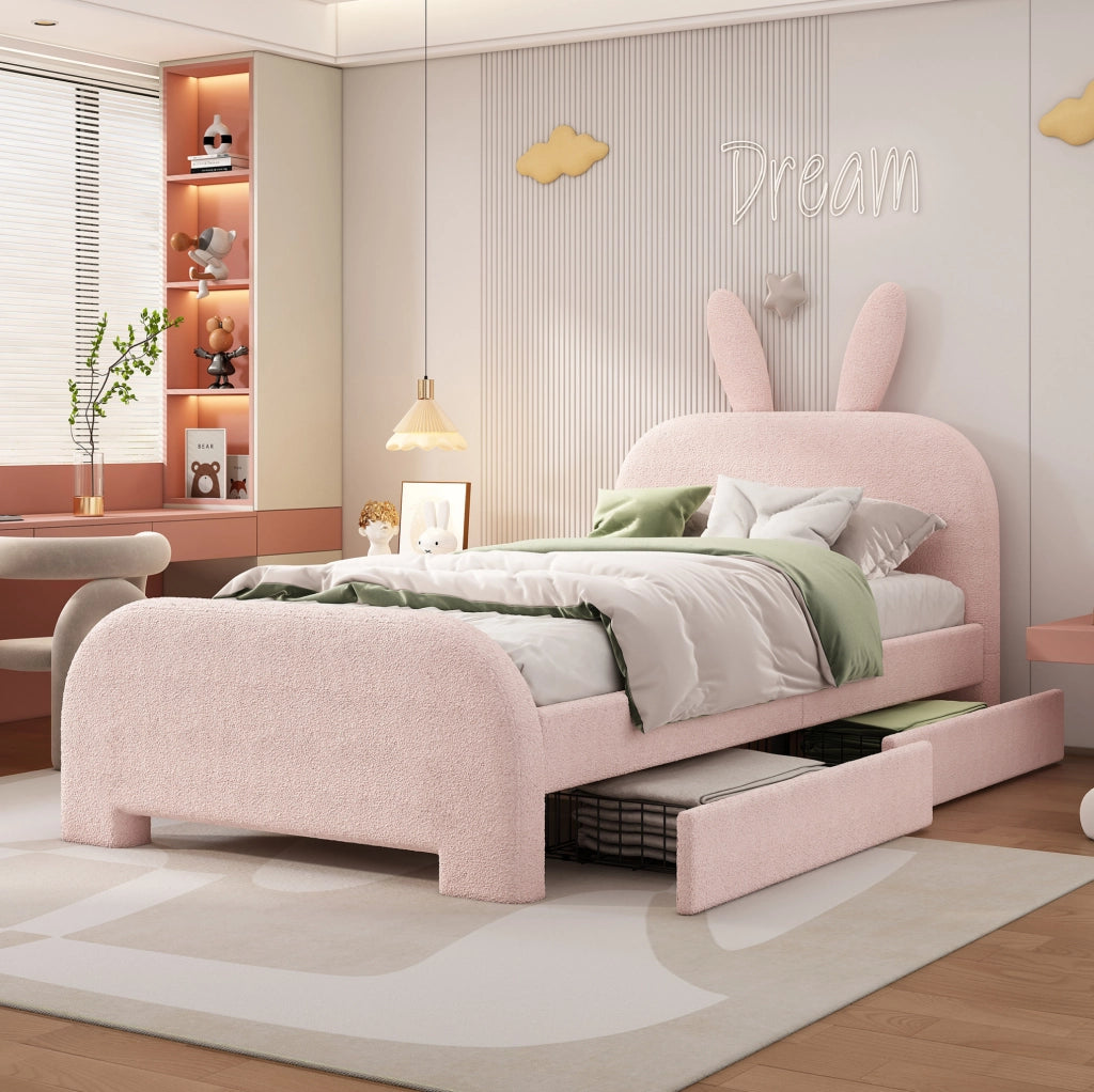 Letto singolo ULEVR 90x200 cm a forma di coniglio con testiera imbottita e 2 cassetti, rosa