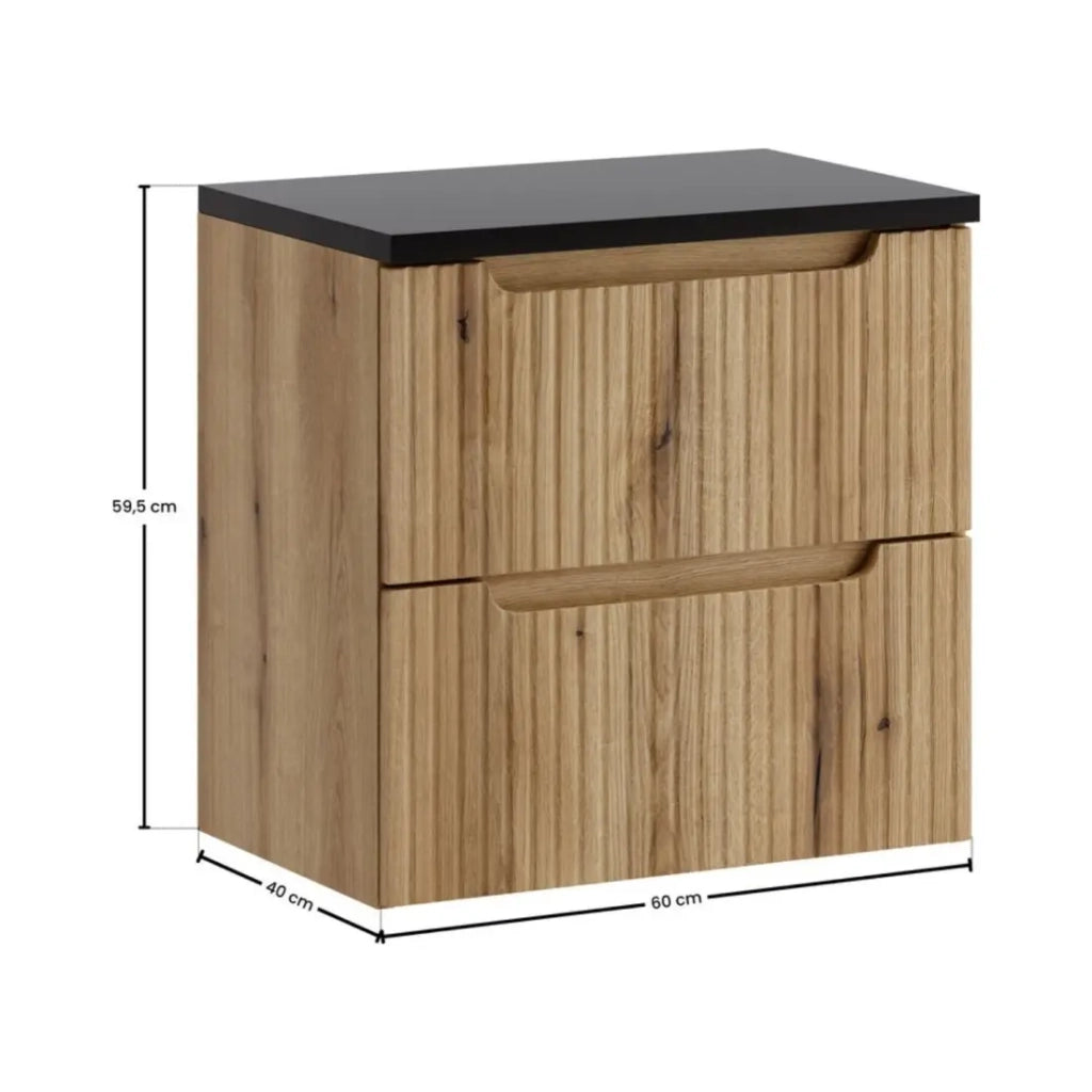 Set da bagno sospeso VANO in rovere chiaro e nero 60cm: mobile sotto lavabo con cassetti + piano per lavabo