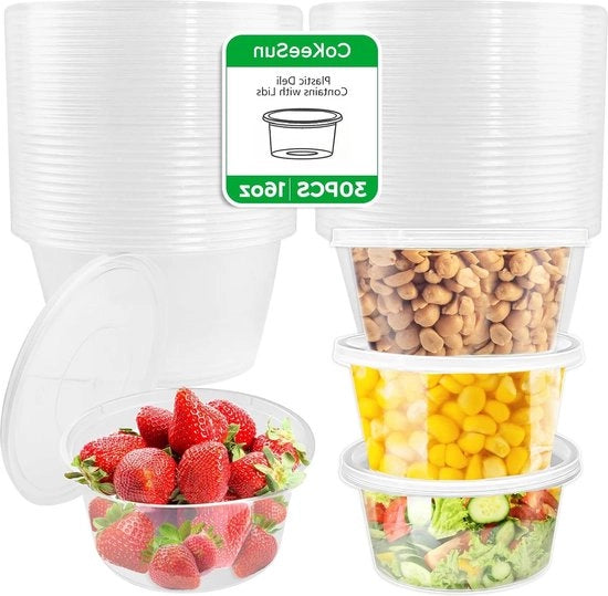30 Scatole di Plastica Riciclabili con Coperture - Rondi 16oz/450ml - Piccoli Contenitori di Cibo - Salsicciere Imprerforati - Contenitori per Meal Prep per Pasti da Asporto - Insalate di Dipingimento - Gelato