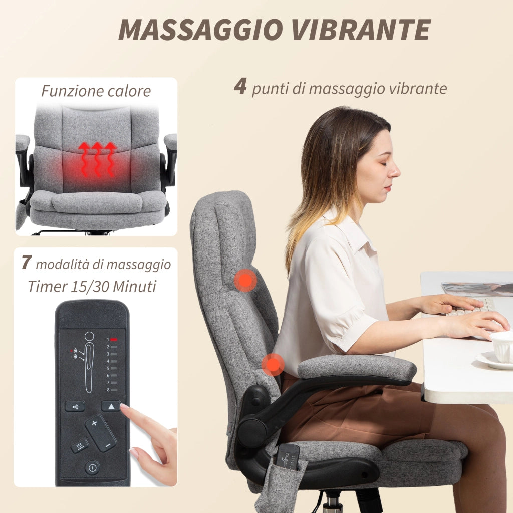 Sedia da Ufficio Operativa Massaggiante a 4 Punti con Riscaldamento e Braccioli Ribaltabili  in Tessuto Effetto Lino