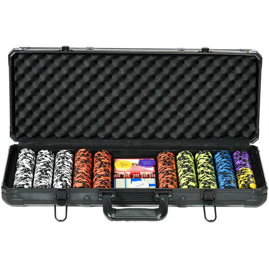 Set Poker con 500 Fiches 2 Mazzi di Carte 5 Dadi Pulsanti e Valigetta Protettiva in Alluminio Nero
