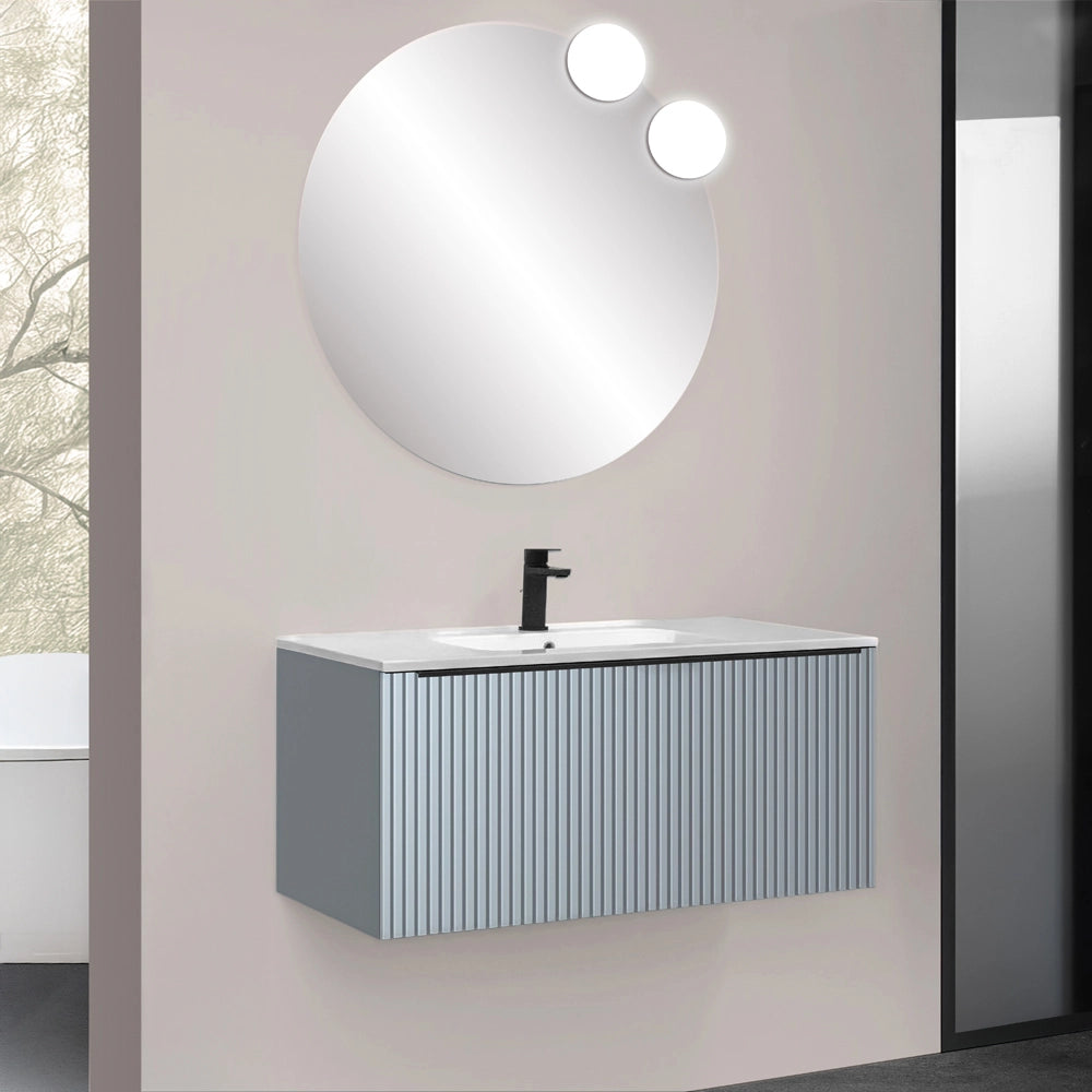 Mobile bagno sospeso 90 cm azzurro polvere cannettato con cassetto e lavabo Nara