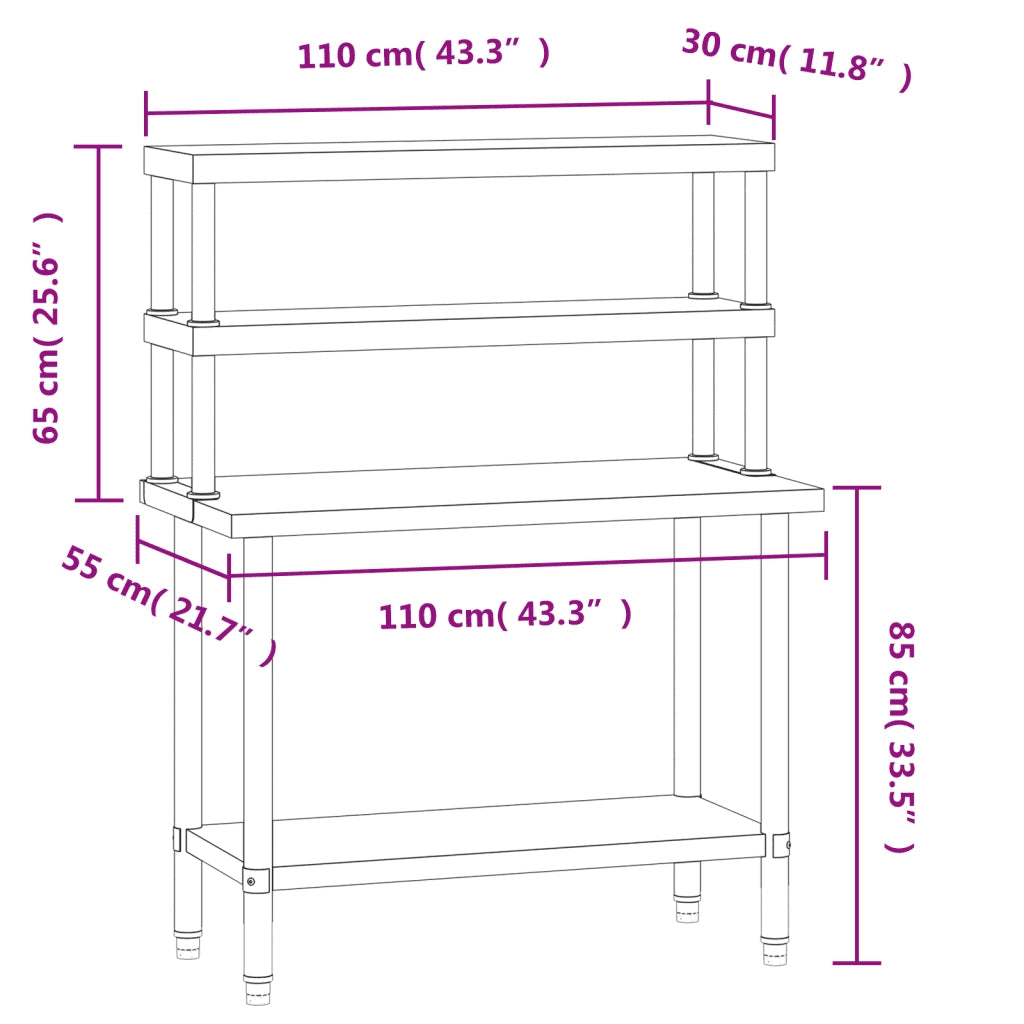 Tavolo Lavoro Cucina con Ripiano 110x55x150 cm Acciaio Inox CFW3505888
