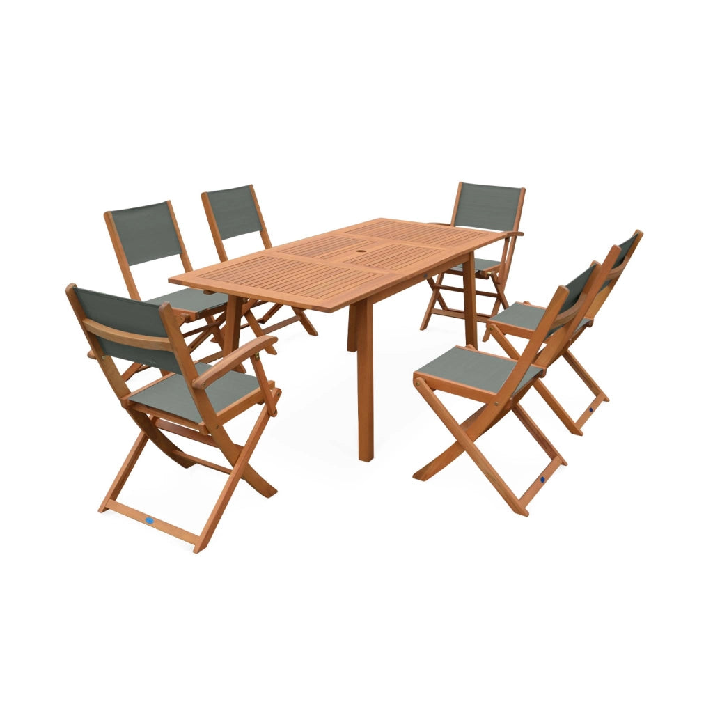 Set tavolo da giardino rettangolare allungabile in legno con 6 sedie,