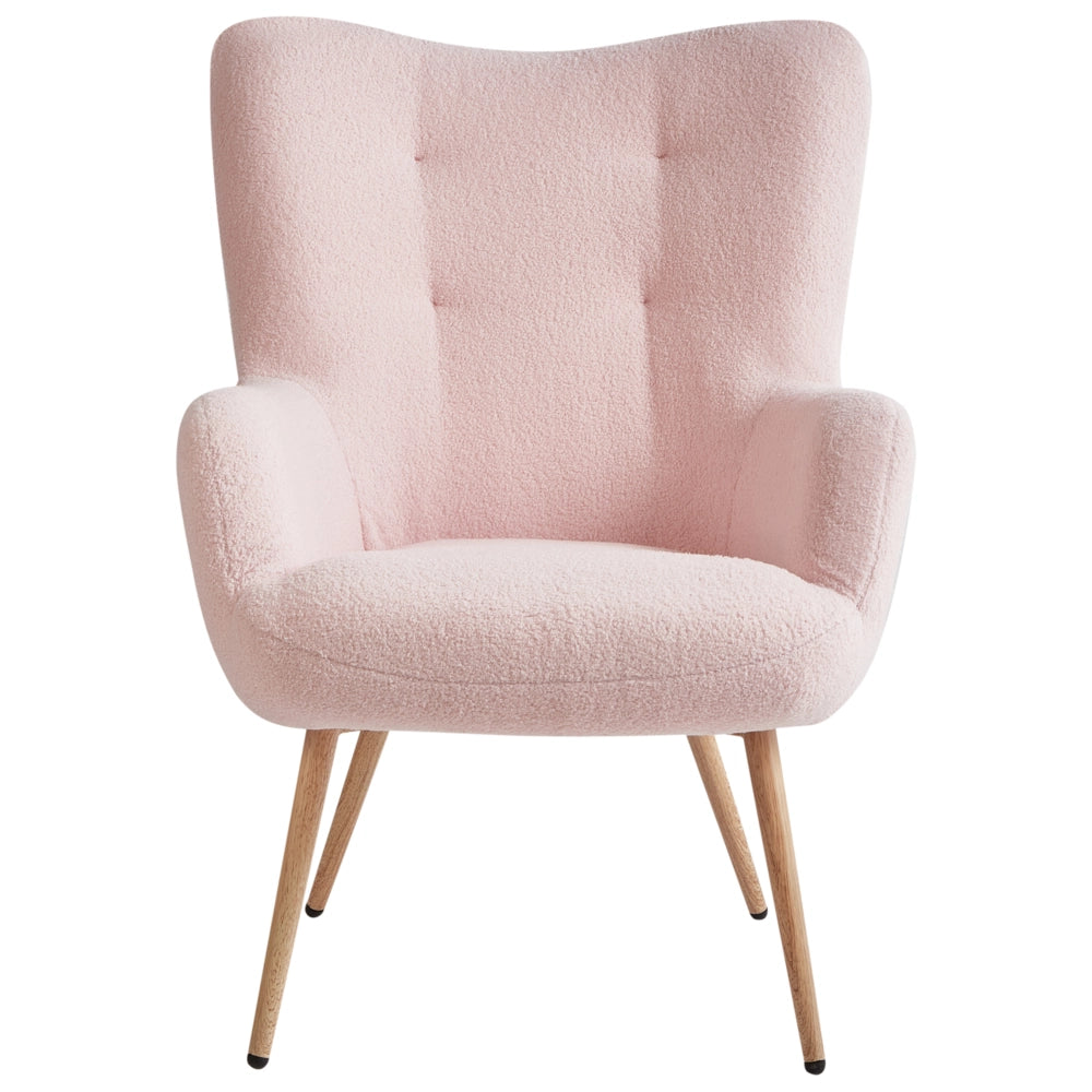 Sedia Wingback con ottomana Tessuto boucle rosa pastello con bottoni e motivo a tinta unita Stile retrò per il soggiorno