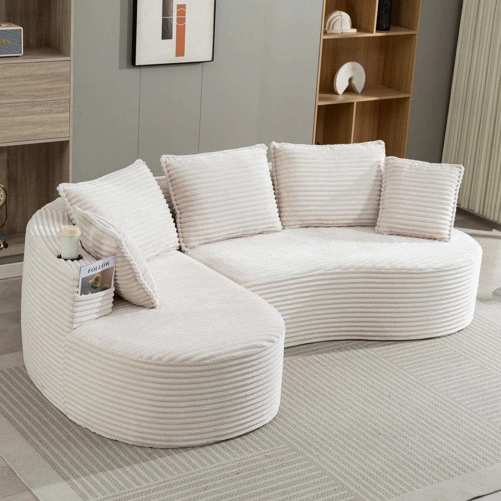 DIVANO ad arco 250x152x82 cm in velluto beige con portabevande e tasca laterale