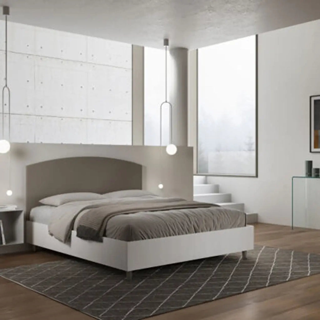 Letto matrimoniale contenitore 160x200 bianco frassino testata similpelle cappuccino Antilia