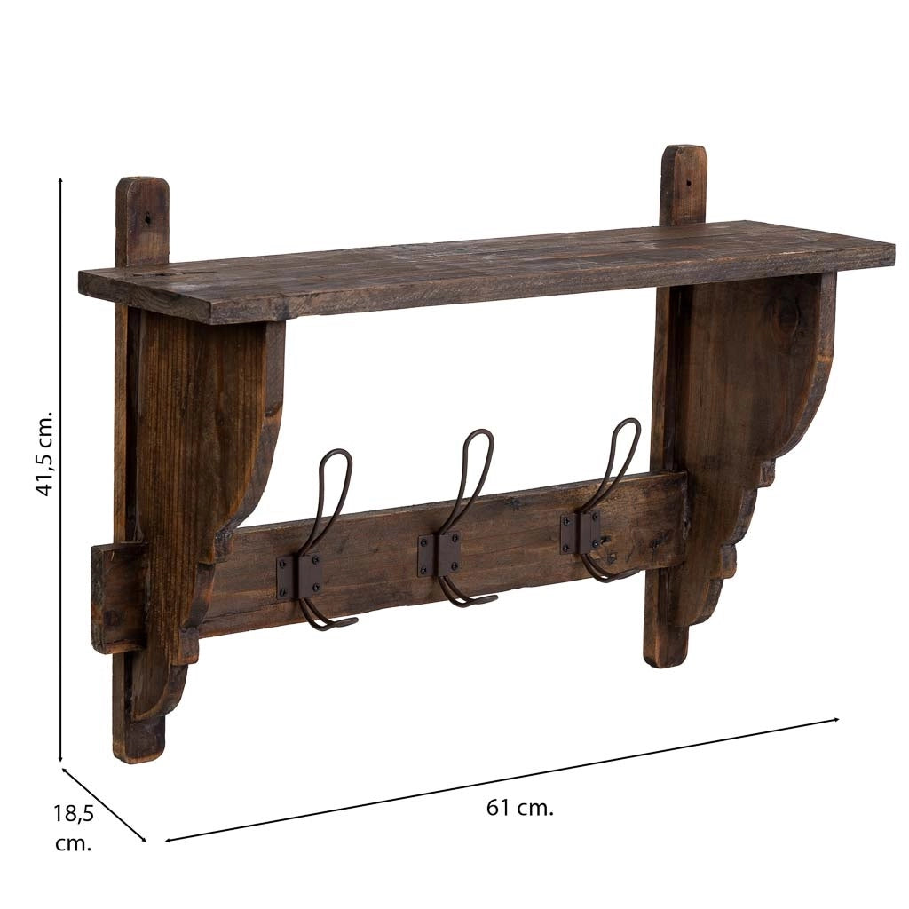 Appendiabiti da parete in legno e metallo con 3 ganci 61x18,5x41,5h cm