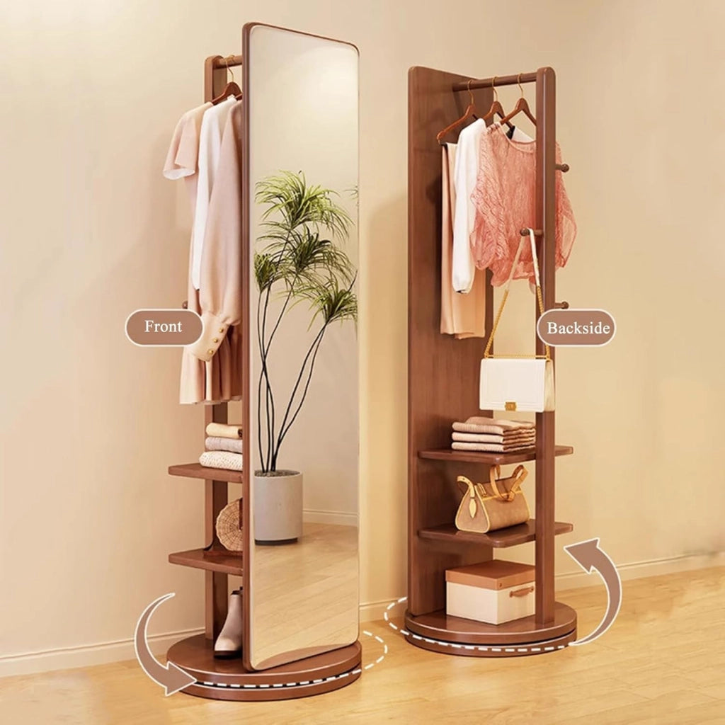Specchio a Figura Intera in Legno Girevole a 360° con attaccapanni Specchi da Pavimento e attaccapanni Specchio Girevole a Figura Intera per Soggiorno Camera da Letto Appendiabiti Un Support