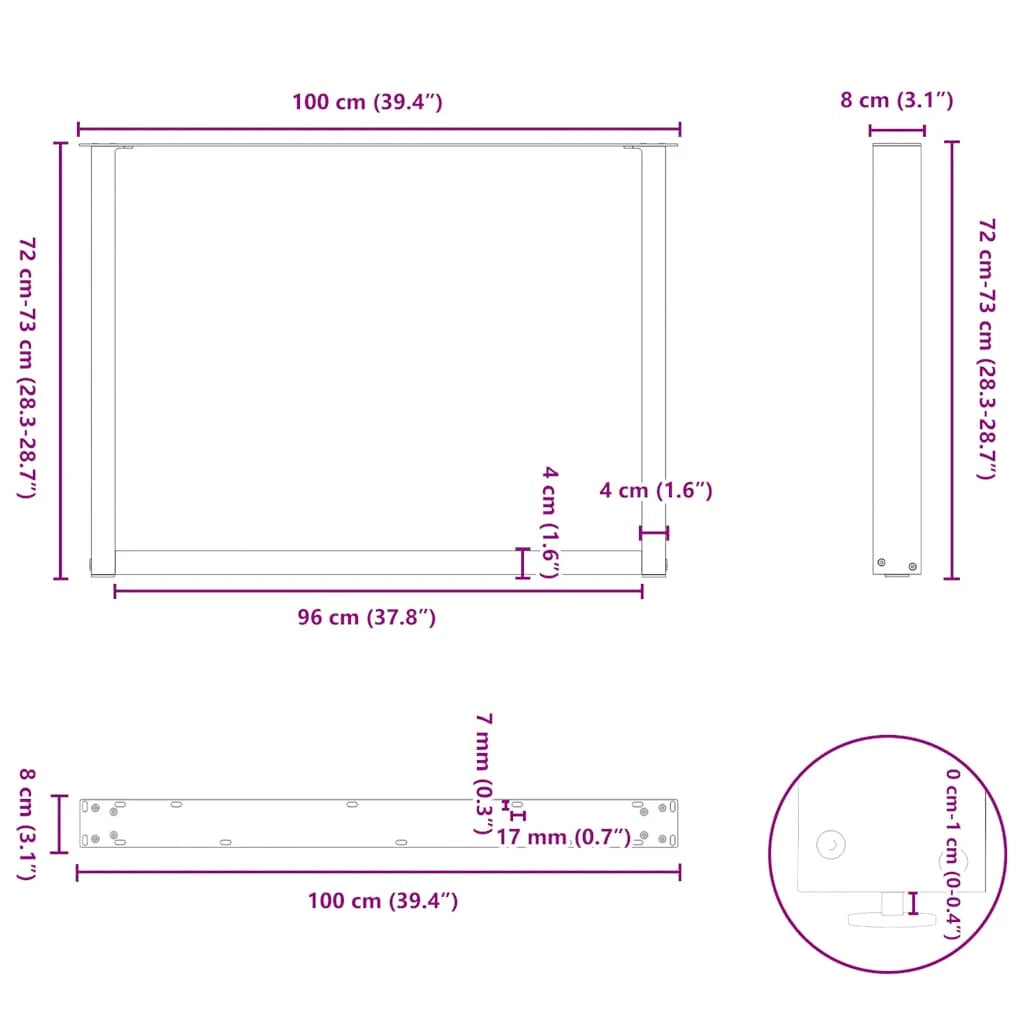 Set di 2 gambe per tavolo regolabili a forma di U 100 x 72 cm design estetico moderno in acciaio nero 02_0057436