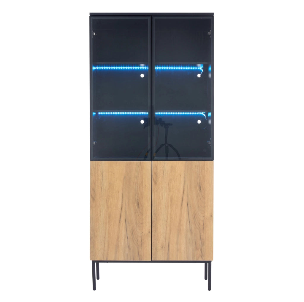 Vetrina in vetro 74x31x180 cm nera e rovere con LED per libri e oggetti