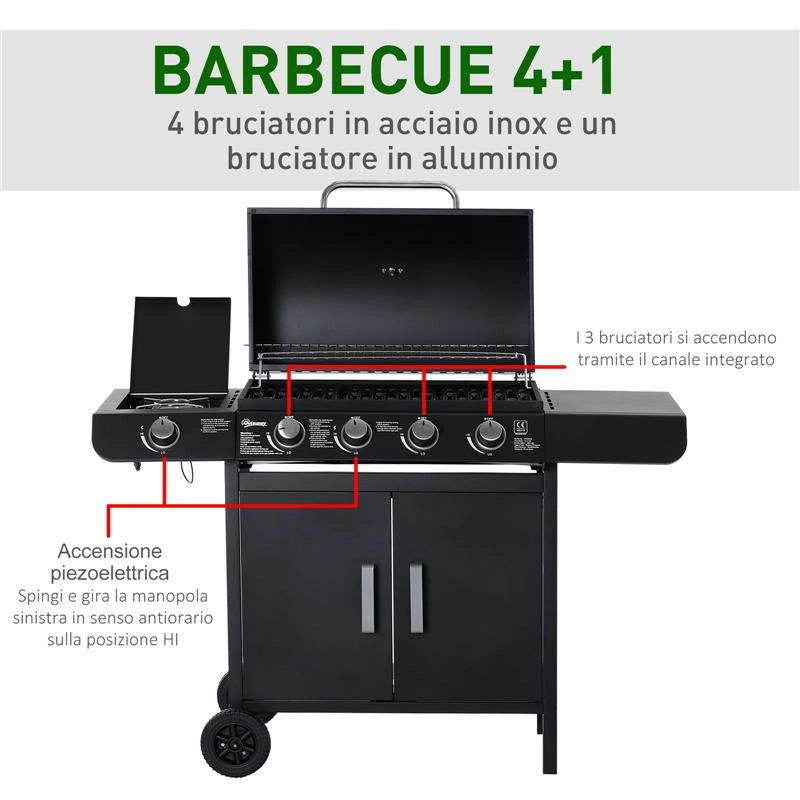 BARBECUE A GAS A 5 FORNELLI CON RIPIANI LATERALI E ARMADIETTO IN ACCIAIO E PP 125X51X100 CM NERO