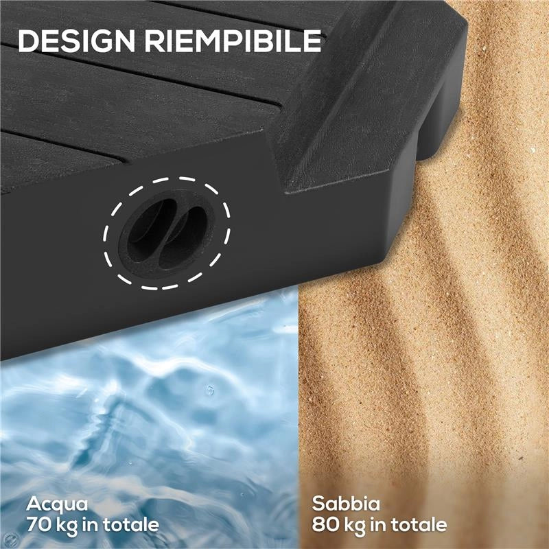SET 4 MATTONELLE BASE PER OMBRELLONE A BRACCIO RIEMPIBILI CON ACQUA O SABBIA FINO A 80 KG NERO