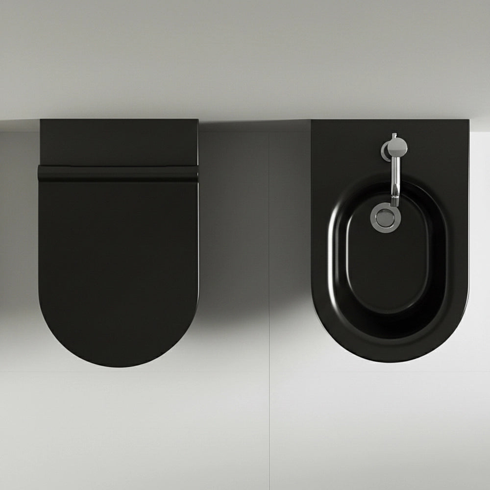 Set sanitari filomuro traslato nero opaco con sedile soft close di Ceramica Dolomite Mayka